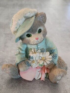 Enesco Pastel Blue Cat Figurine Holding Flowers